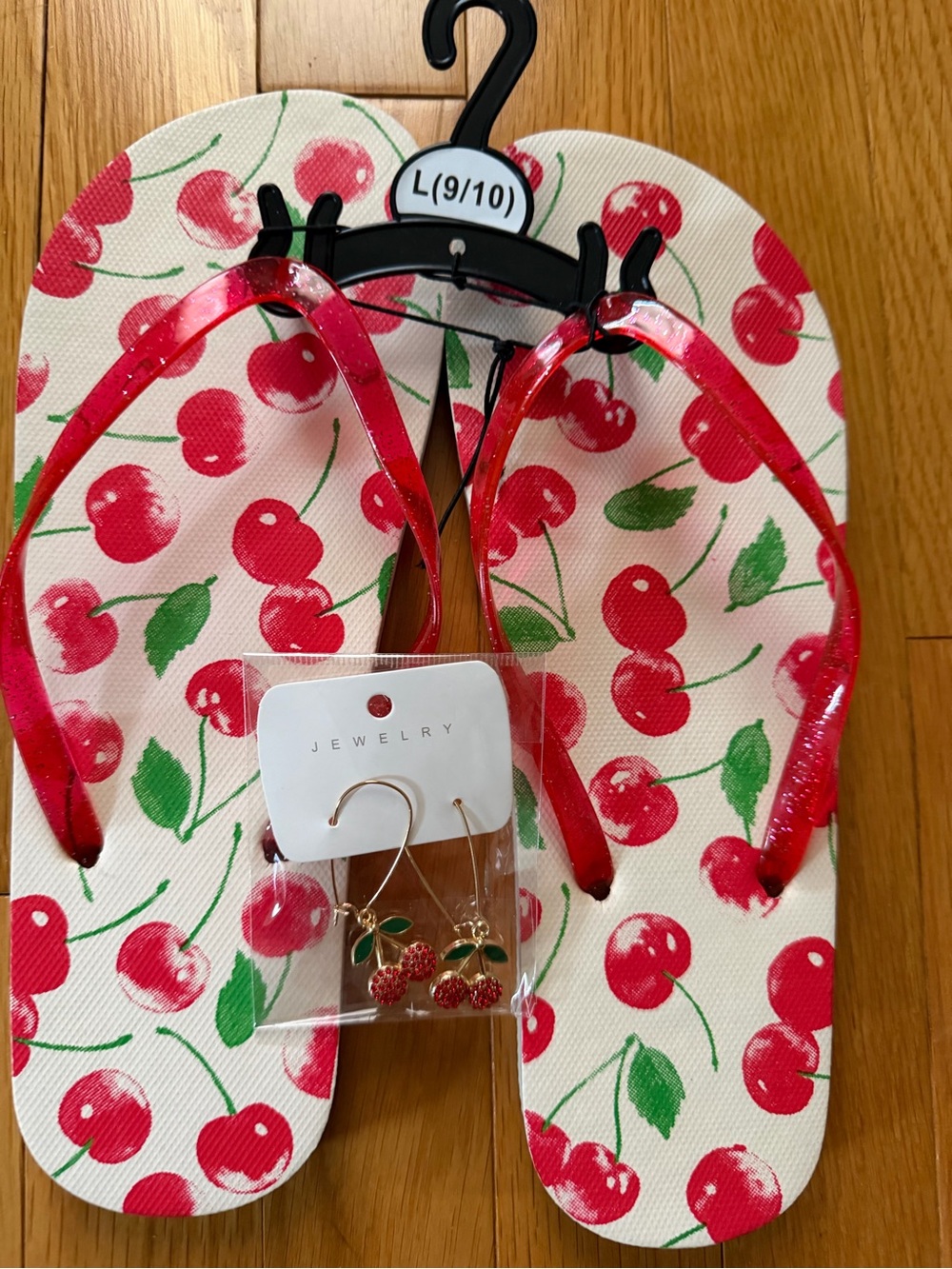 Cherry Bundle Print Flip Flops with Matching Cherry Earrings - NWT
